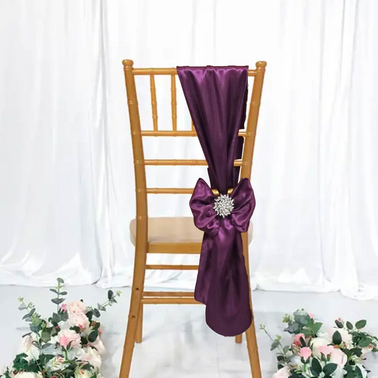 10 Pieces Plum Satin Chair Strips, 8"x108" Sophisticated Event Decorations