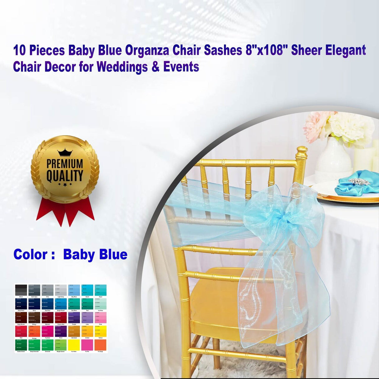 10 Pieces Baby Blue Organza Chair Sashes 8"x108" Sheer Elegant Chair Decor for Weddings & Events