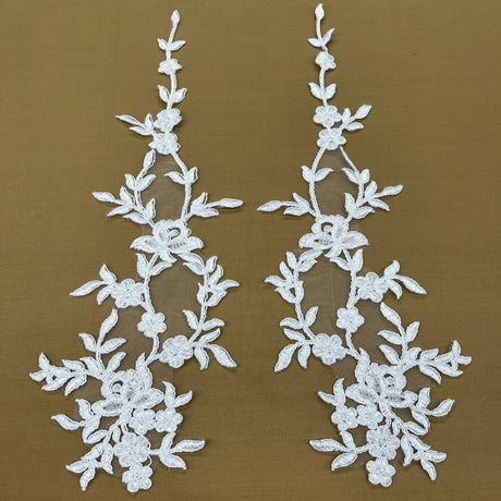 1 Pair 17" x 4.5" Beaded & Corded Floral Lace Applique 100% Polyester Net Mesh