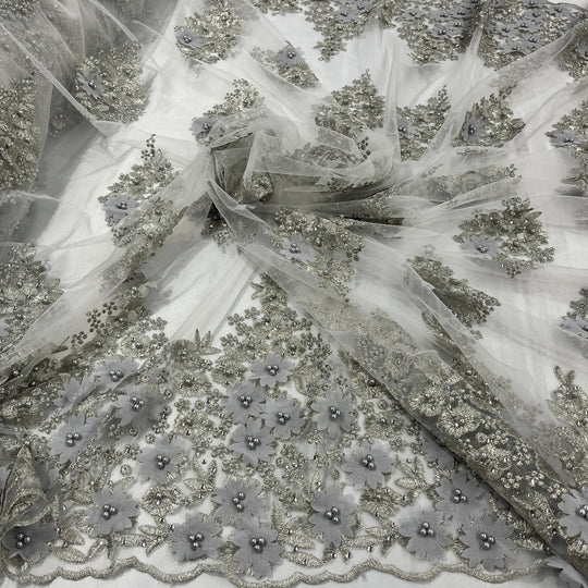 1 Yard Beaded 3D Floral Lace Fabric Embroidered on 100% Polyester Net Mesh