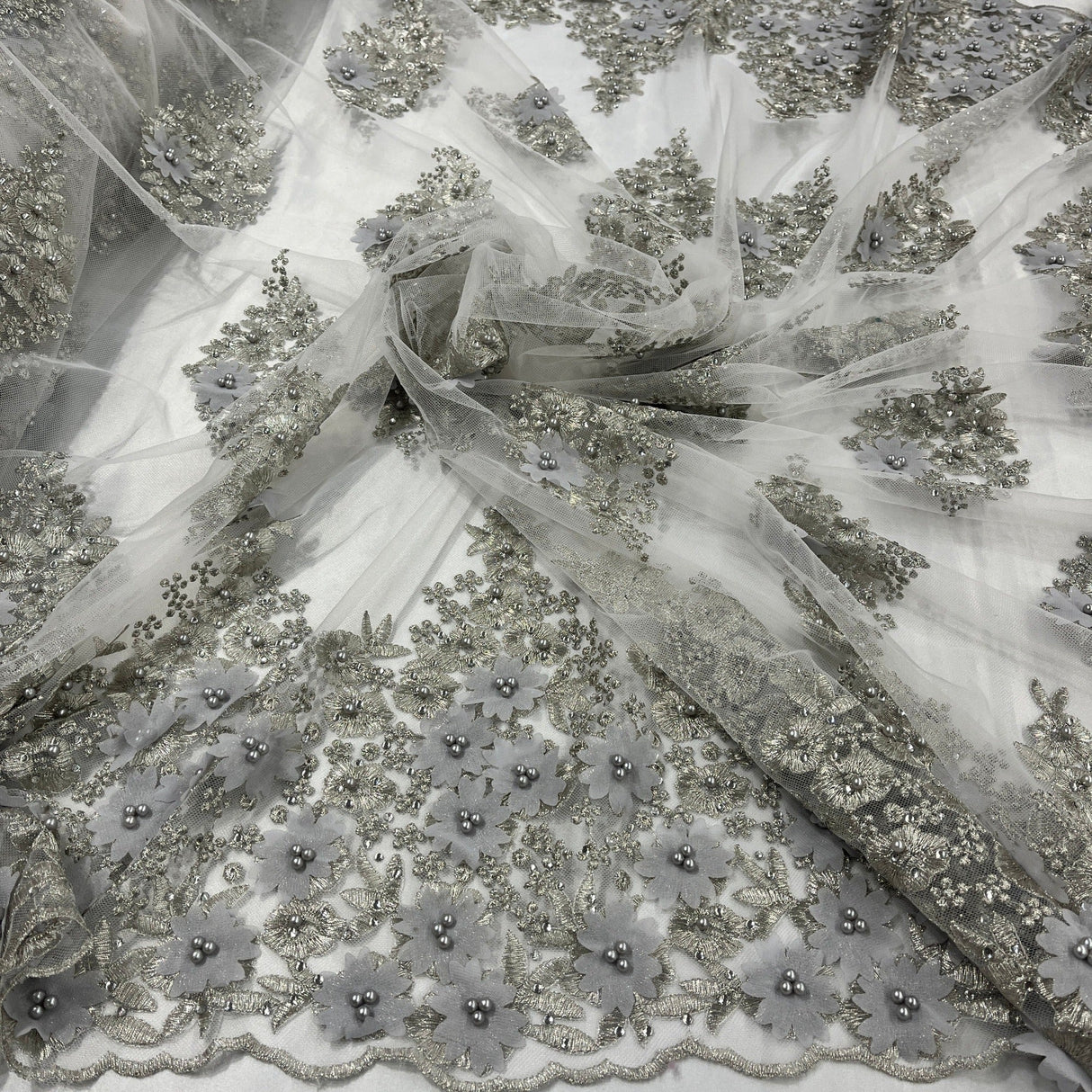Beaded 3D Floral Lace Fabric