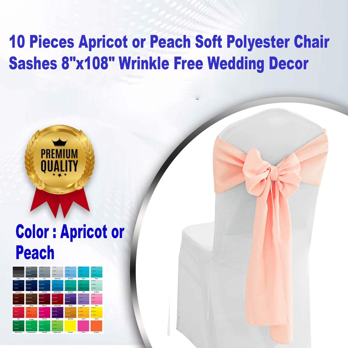 10 Pieces Apricot Peach Soft Polyester Chair Sashes 8"x108" Wrinkle Free Wedding Decor