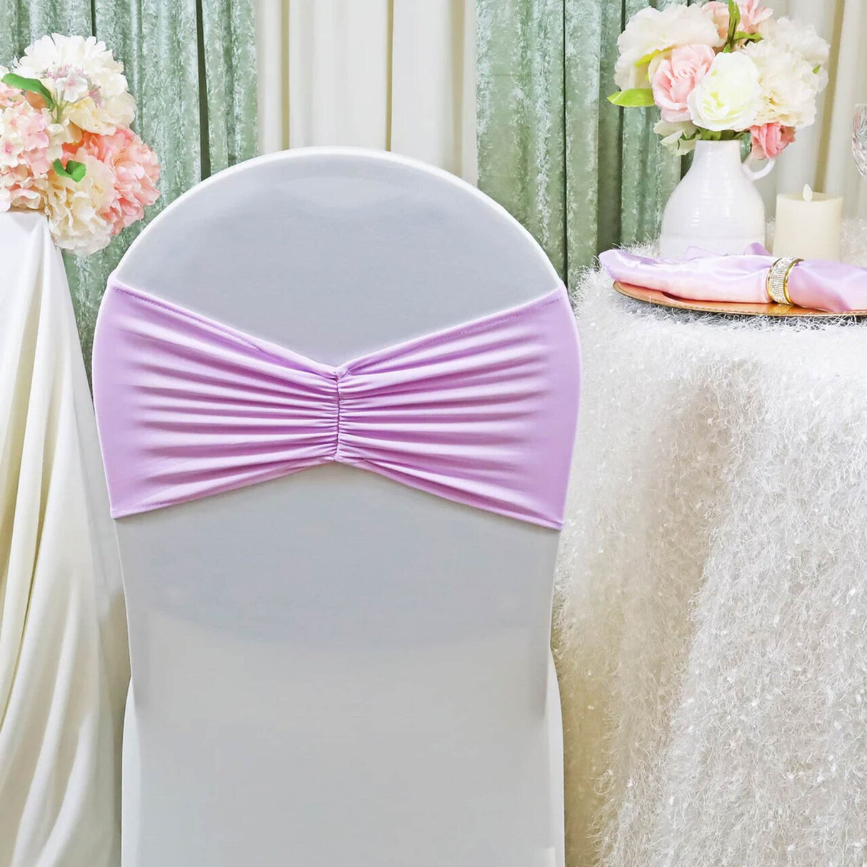 10 Pieces Lavender Ruffled Spandex Chair Bands for Soft Elegant Decor 8x13 inches