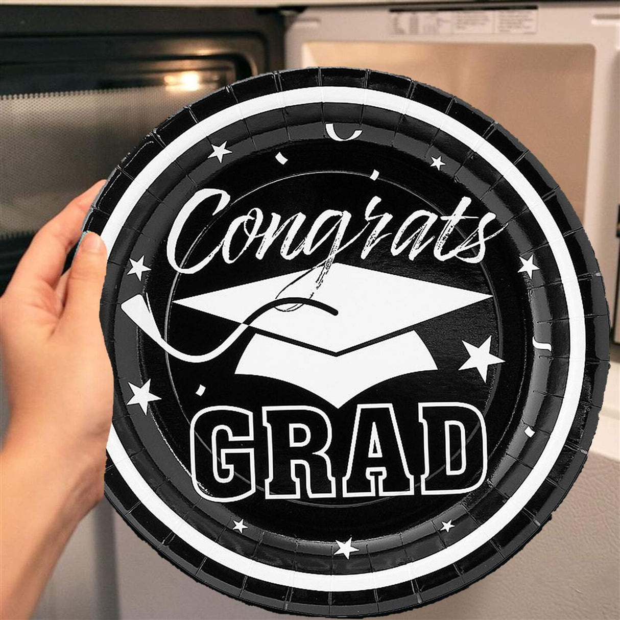 25 Count Black Congrats Grad Paper Dessert Plates Disposable Graduation Party Supplies