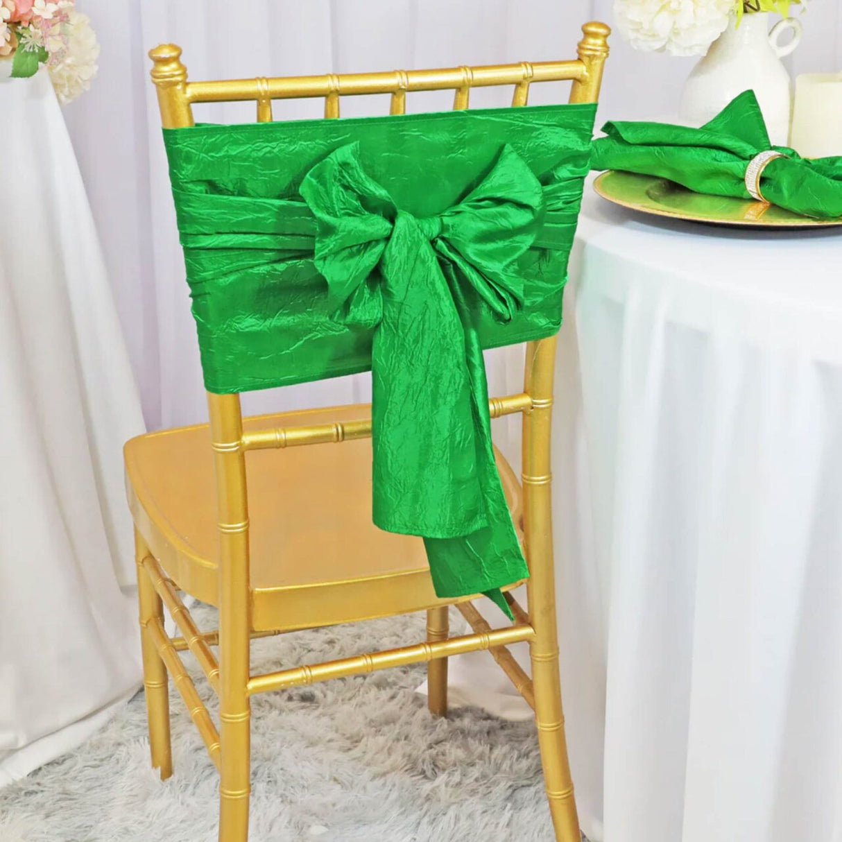 10 Pieces Emerald Green Textured Crushed Taffeta Chair Wraps, 9.5"x108" Stylish Event Sashes