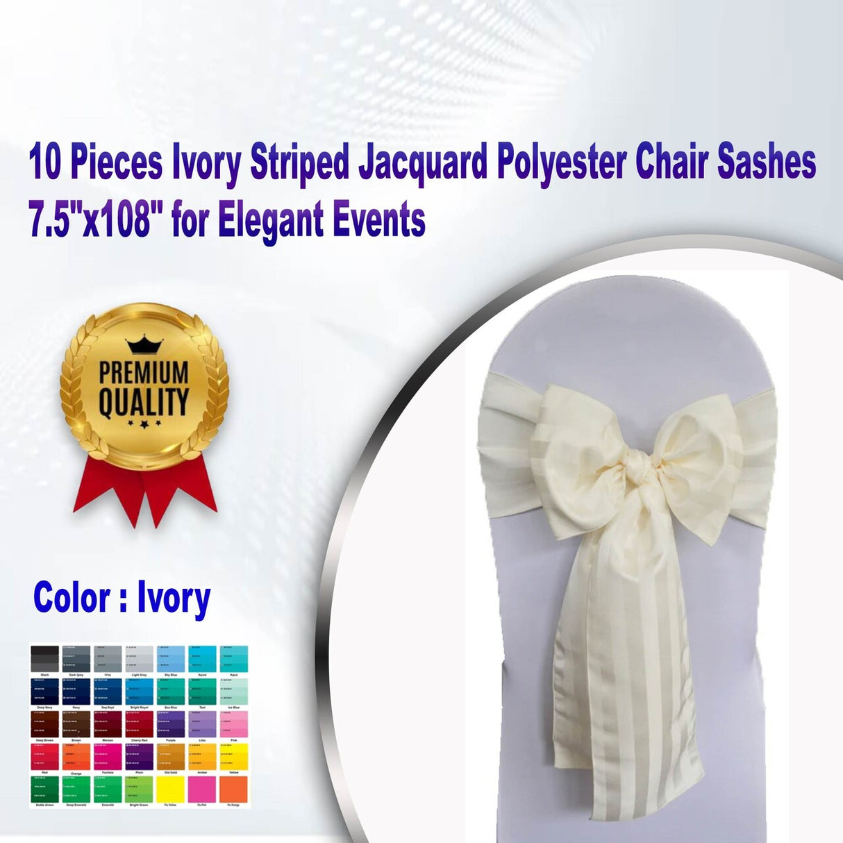 10 Pieces Ivory Striped Jacquard Polyester Chair Sashes 7.5"x108" for Elegant Events
