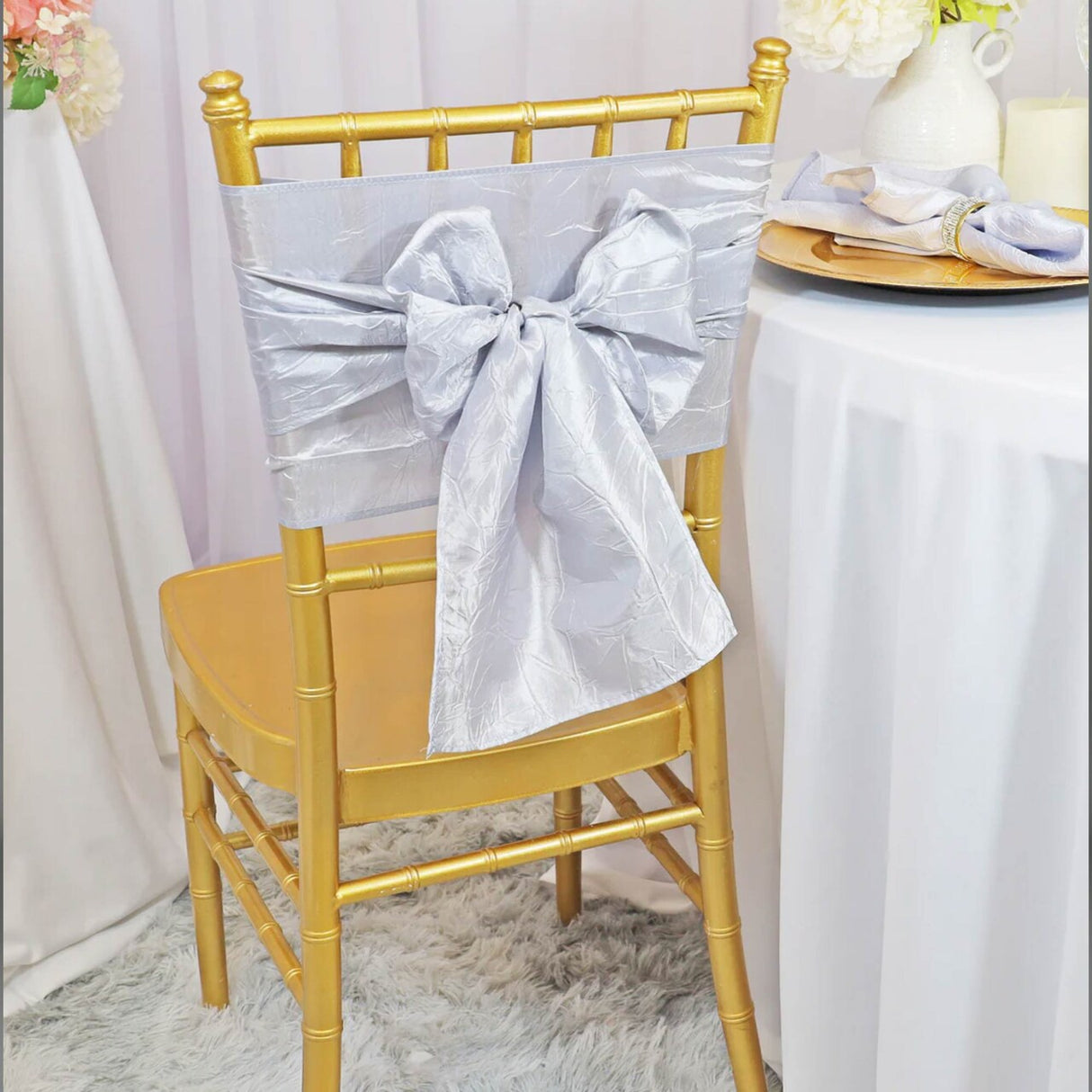 10 Pieces Platinum or Light Silver Crushed Taffeta Chair Sashes 9.5x108"