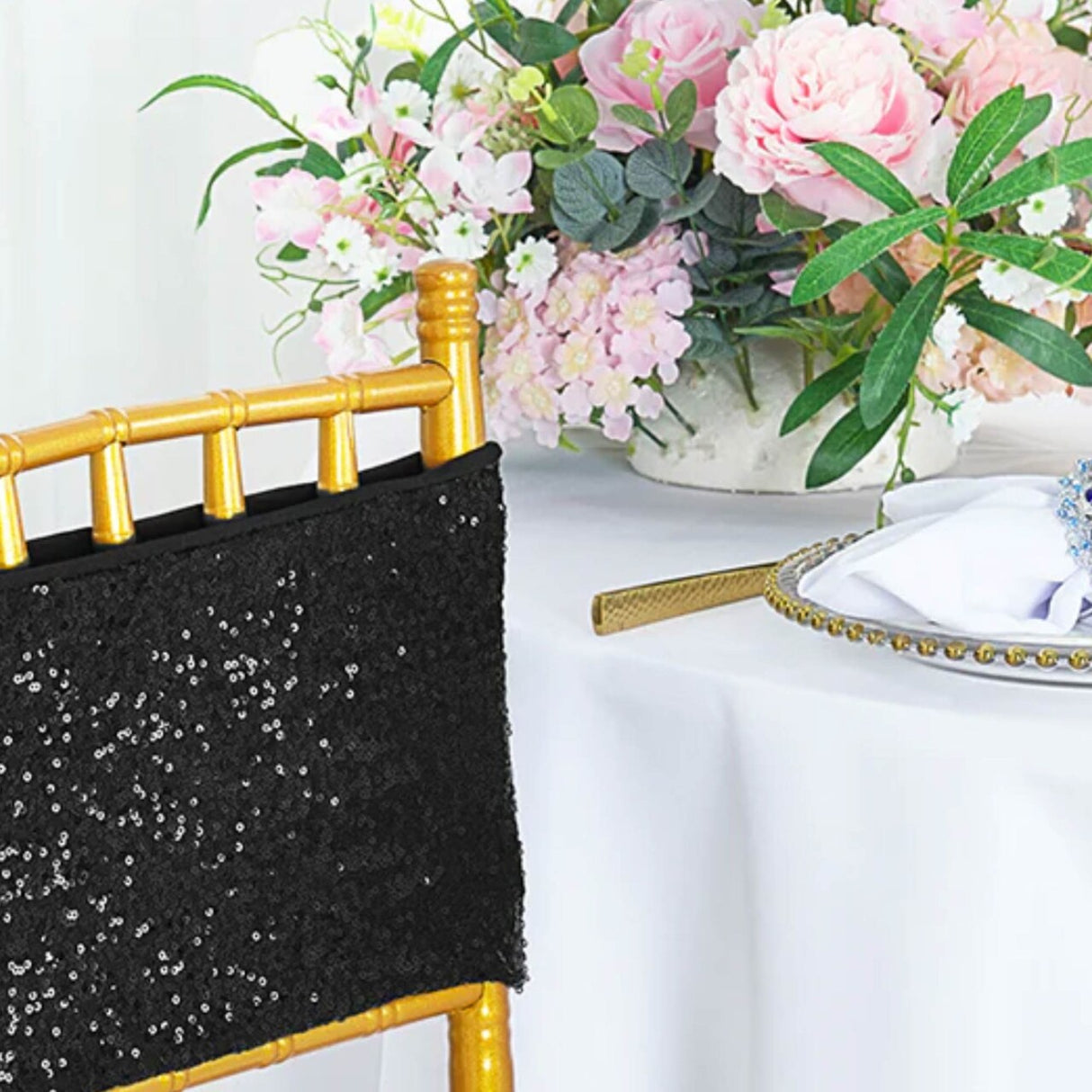 10 Pieces Sleek Black Sequin Stretch Spandex Chair Bands 7 x 13 Inches