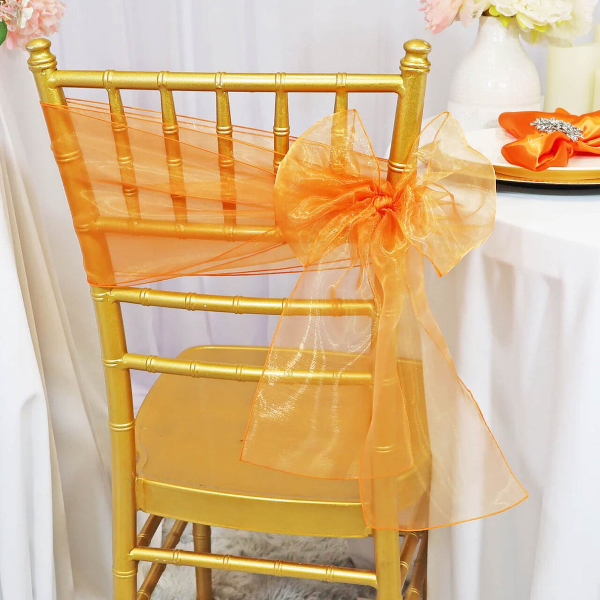 10 Pieces Tangerine Organza Chair Sashes 8"x108" Sheer Orange Chair Wraps for Events