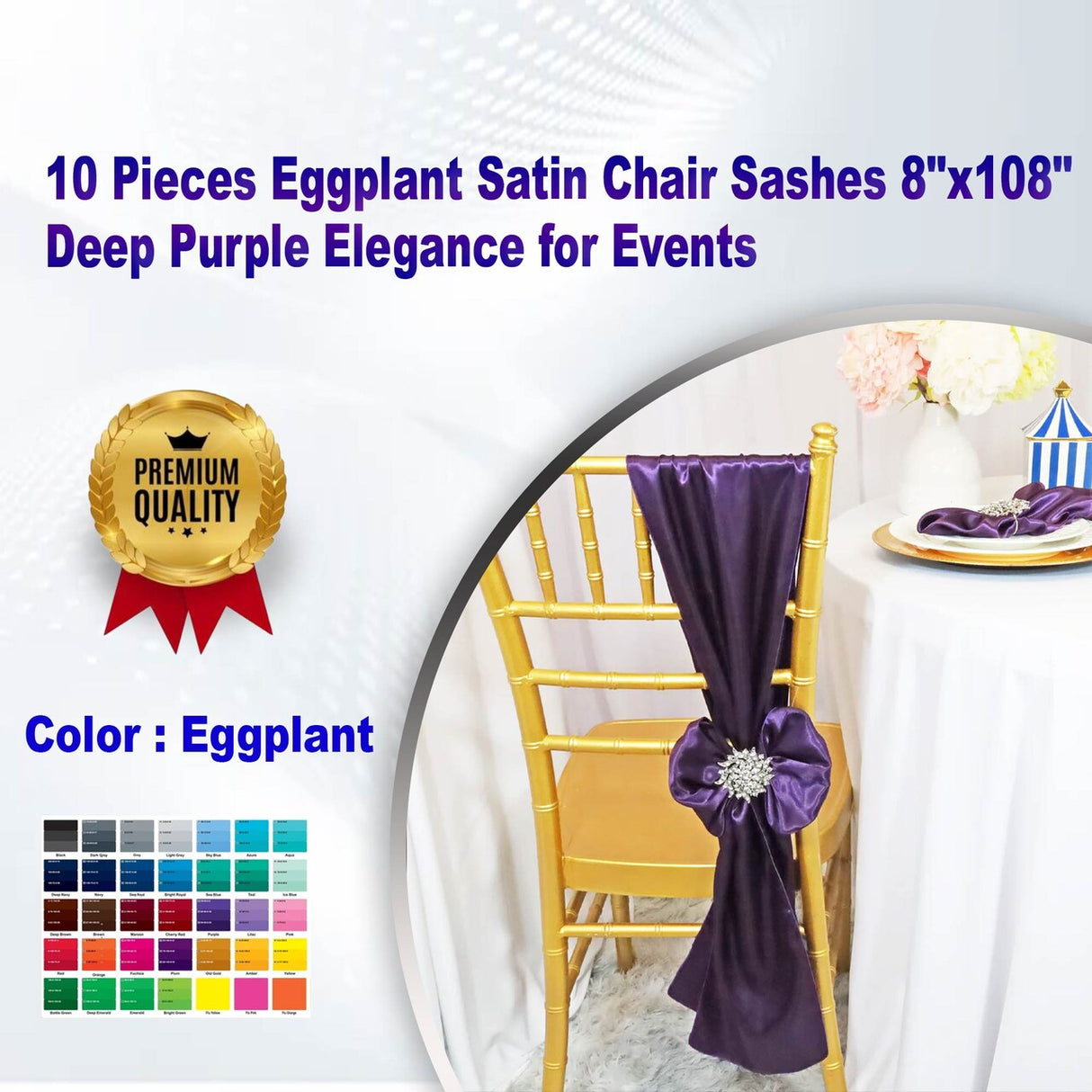 10 Pieces Eggplant Satin Chair Sashes 8"x108" Deep Purple Elegance for Events