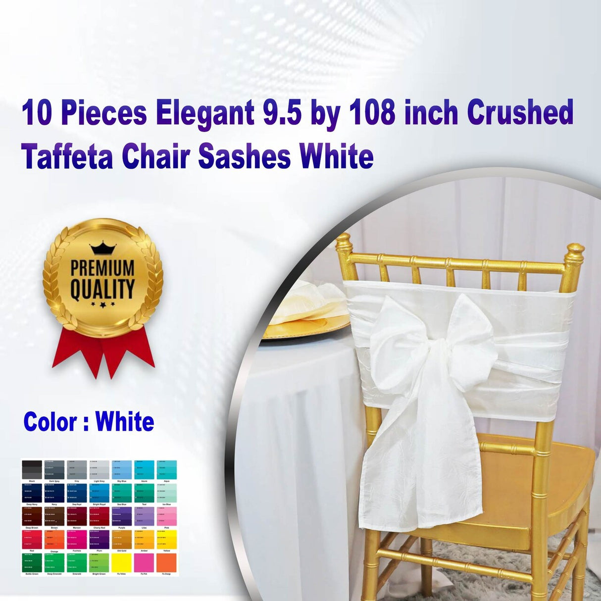 10 Pieces Elegant 9.5 by 108 inch Crushed Taffeta Chair Sashes White