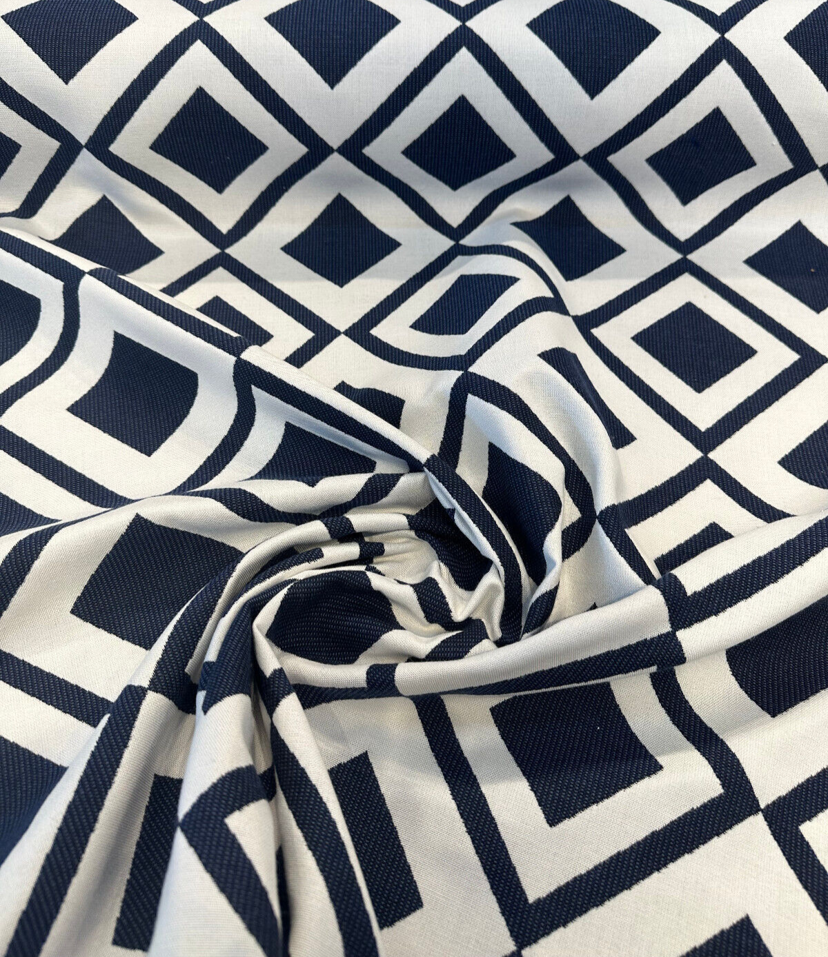 Sunbrella Savvy Indigo Acrylic Fabric - Blue/White Geometric Pattern, 54" Width (1 Yard)