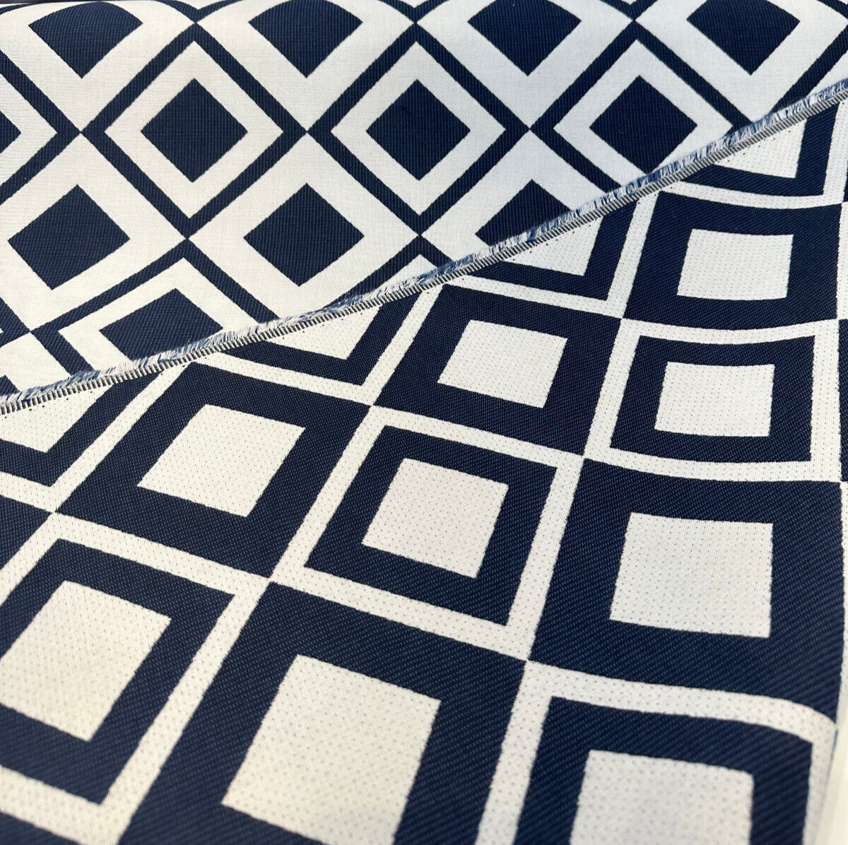 Sunbrella Savvy Indigo Acrylic Fabric - Blue/White Geometric Pattern, 54" Width (1 Yard)