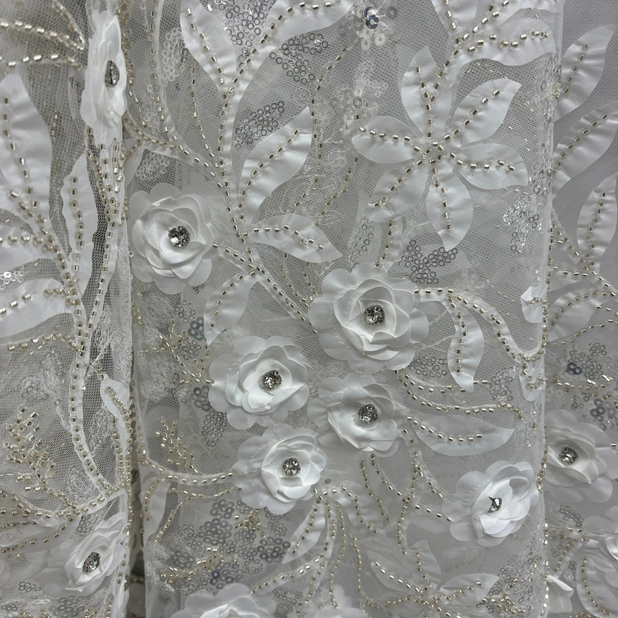 1 Yard Beaded 3D Floral Lace Fabric Embroidered on 100% Polyester Net Mesh