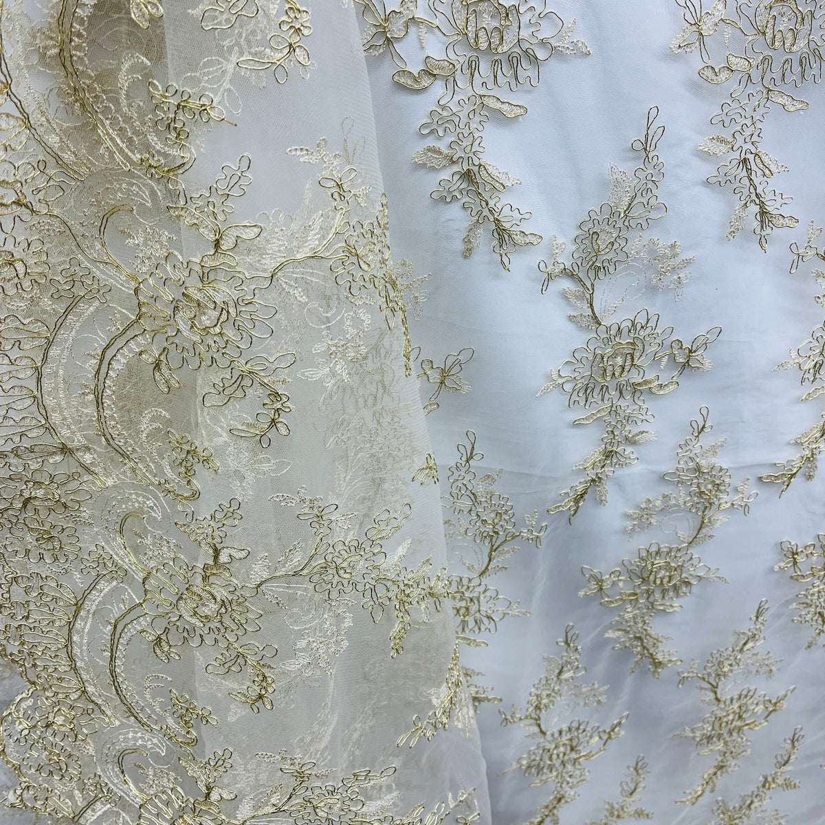1 Yard Elegant Corded Bridal Lace Fabric on 100% Polyester Net Mesh, Embroidered Floral Design