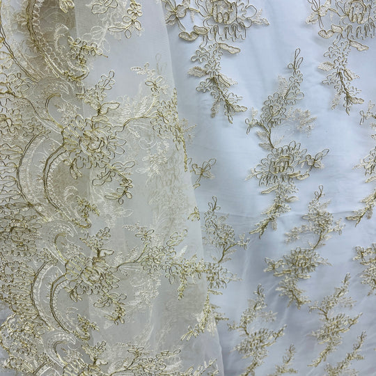 1 Yard Silver Corded Bridal Lace Fabric Embroidered on 100% Polyester Net Mesh – 51"