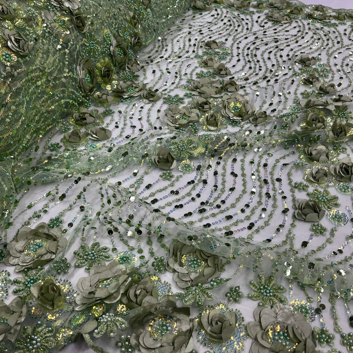 Beaded And Sequined 3D Floral Sparkling Lace Fabric - 100 Percent Polyester Net Mesh, Floral Embroidered, 52" Width (1 Yard)