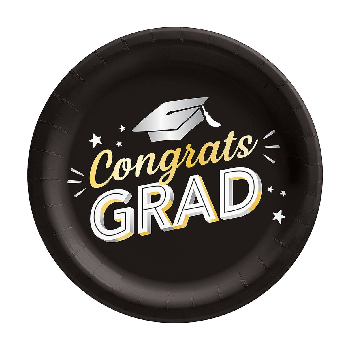 Black Congrats Grad 8 1/2" Round Disposable Dinner Plates – 8 Count
