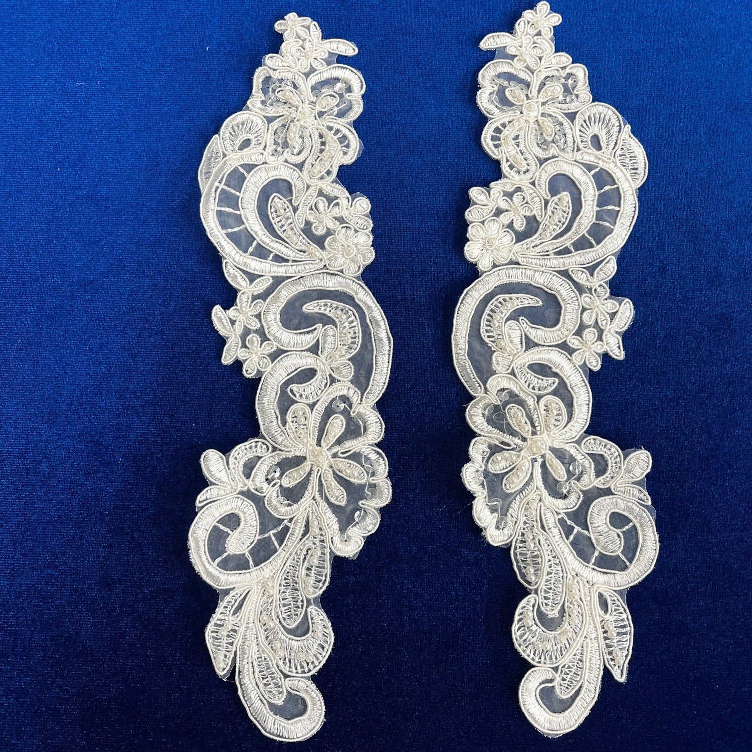 1 Pair 10.5" x 2.5" Each Side Beaded & Corded Floral Lace Applique 100% Polyester
