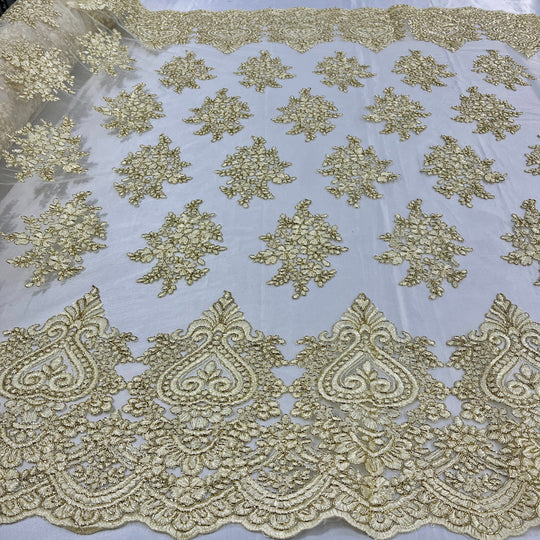 1 Yard Corded Lace Fabric Embroidered on 100% Polyester Net Mesh | Lace USA - GD-021 - Gold - 52" Wide