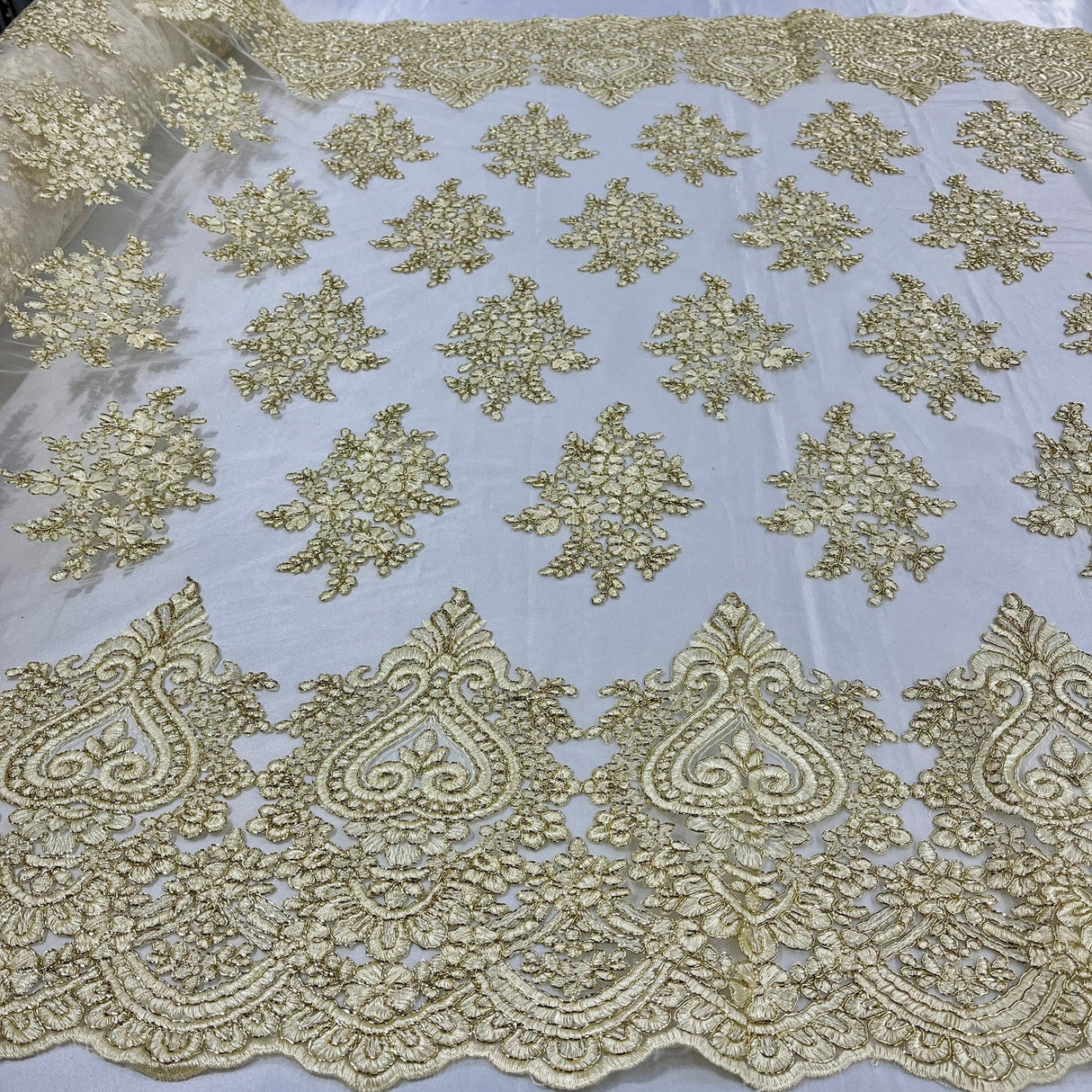 1 Yard Royal Blue Corded Lace Fabric Embroidered on Polyester Net Mesh 52 Inch Width