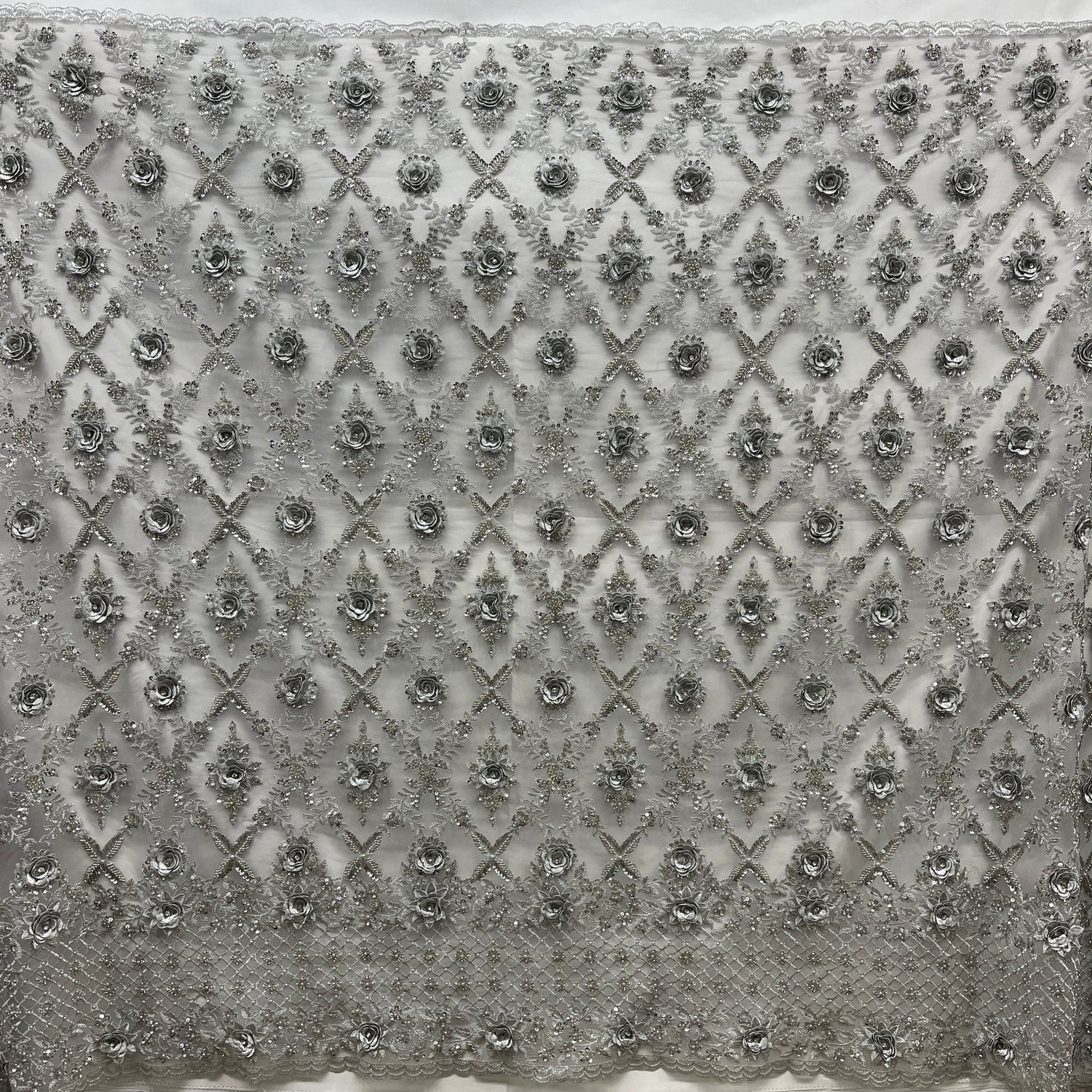 1 Yard Beaded 3D Floral Lace Fabric, Navy Embroidered Mesh, 100% Polyester, 51” Wide,