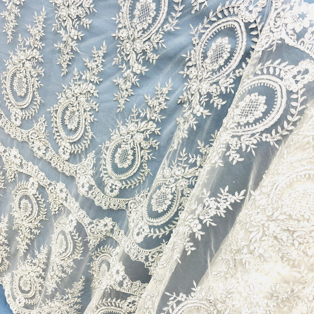 Beaded Corded Lace Mesh White