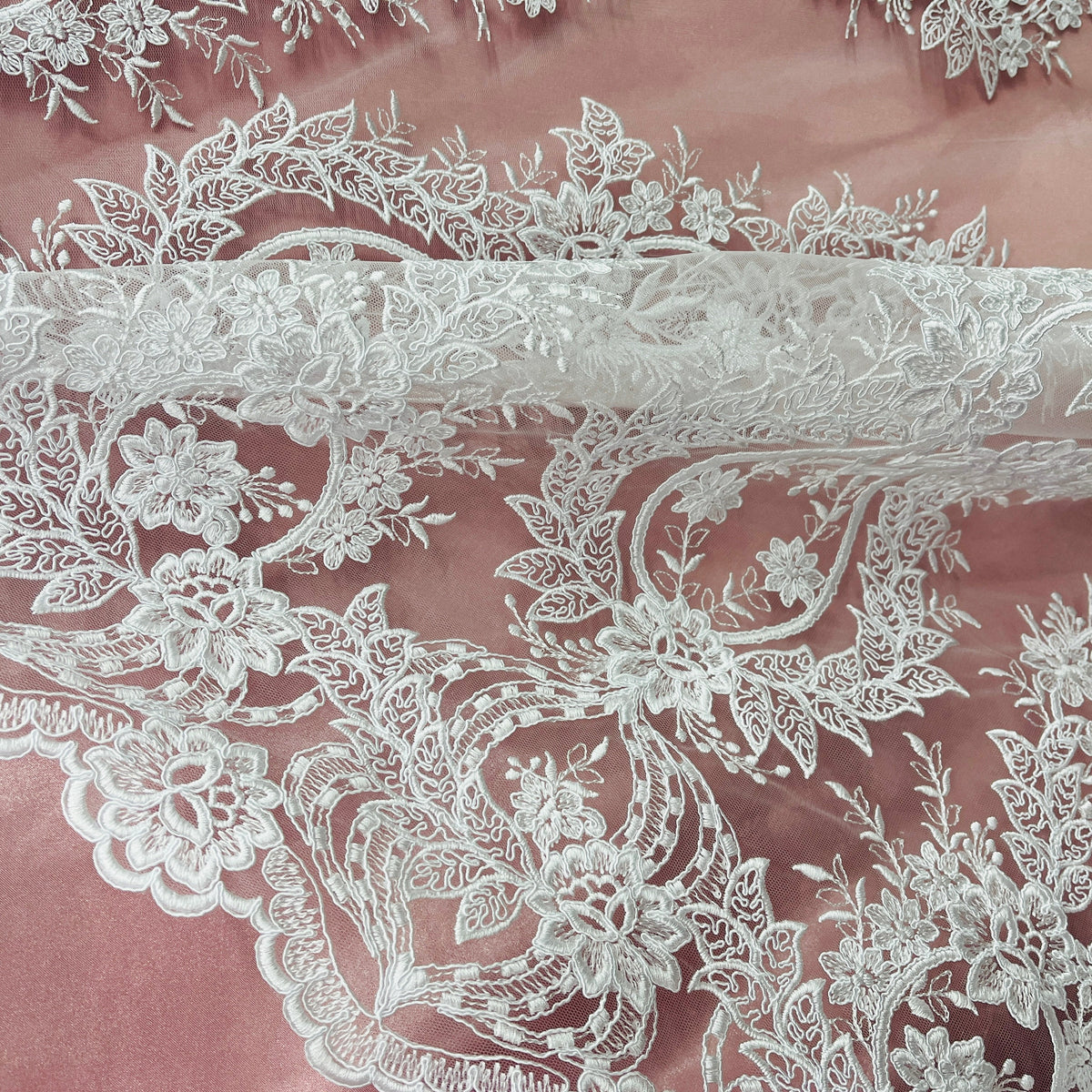 1 Yard Corded Bridal Lace Fabric Embroidered on 100% Polyester Net Mesh 54" Wide