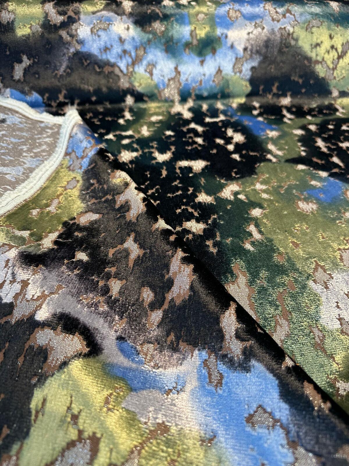Martini Lapis Velvet Upholstery Fabric - Lapis Blue, Green, And Black Crackled Look, Heavyweight, Large Repeat, 17" Vertical Repeat (1 Yard)