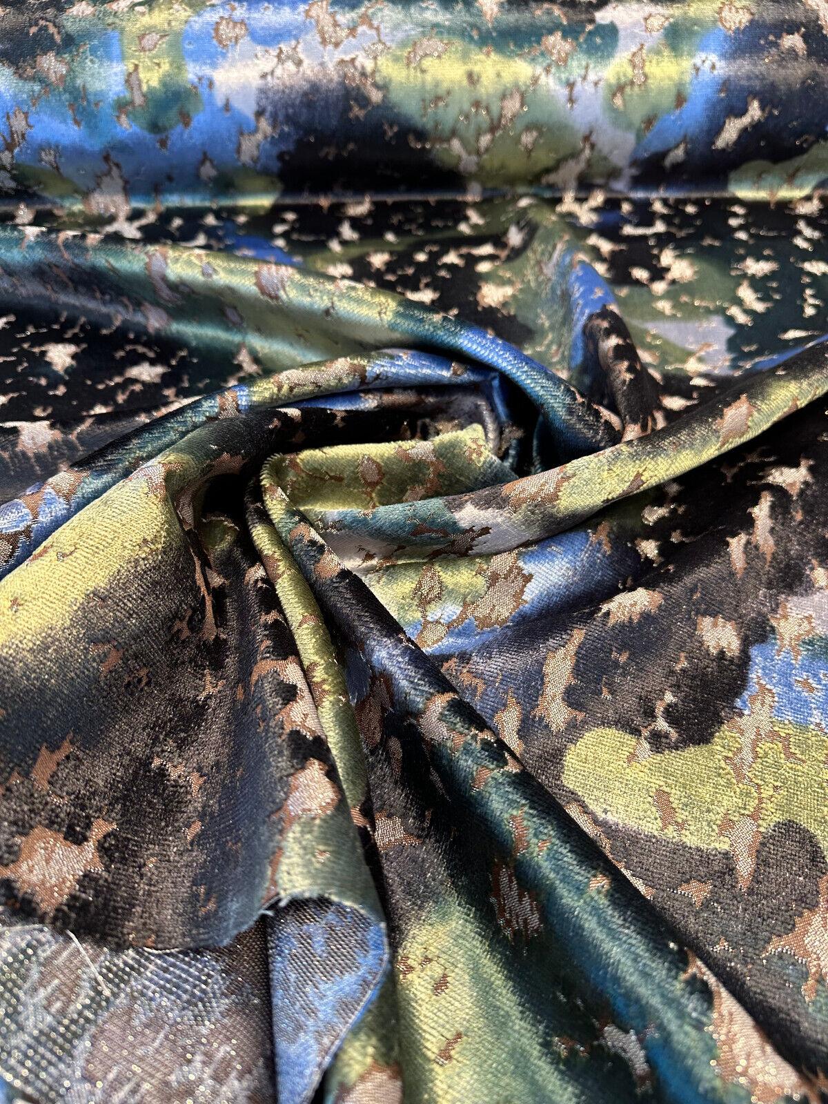 Martini Lapis Velvet Upholstery Fabric - Lapis Blue, Green, And Black Crackled Look, Heavyweight, Large Repeat, 17" Vertical Repeat (1 Yard)