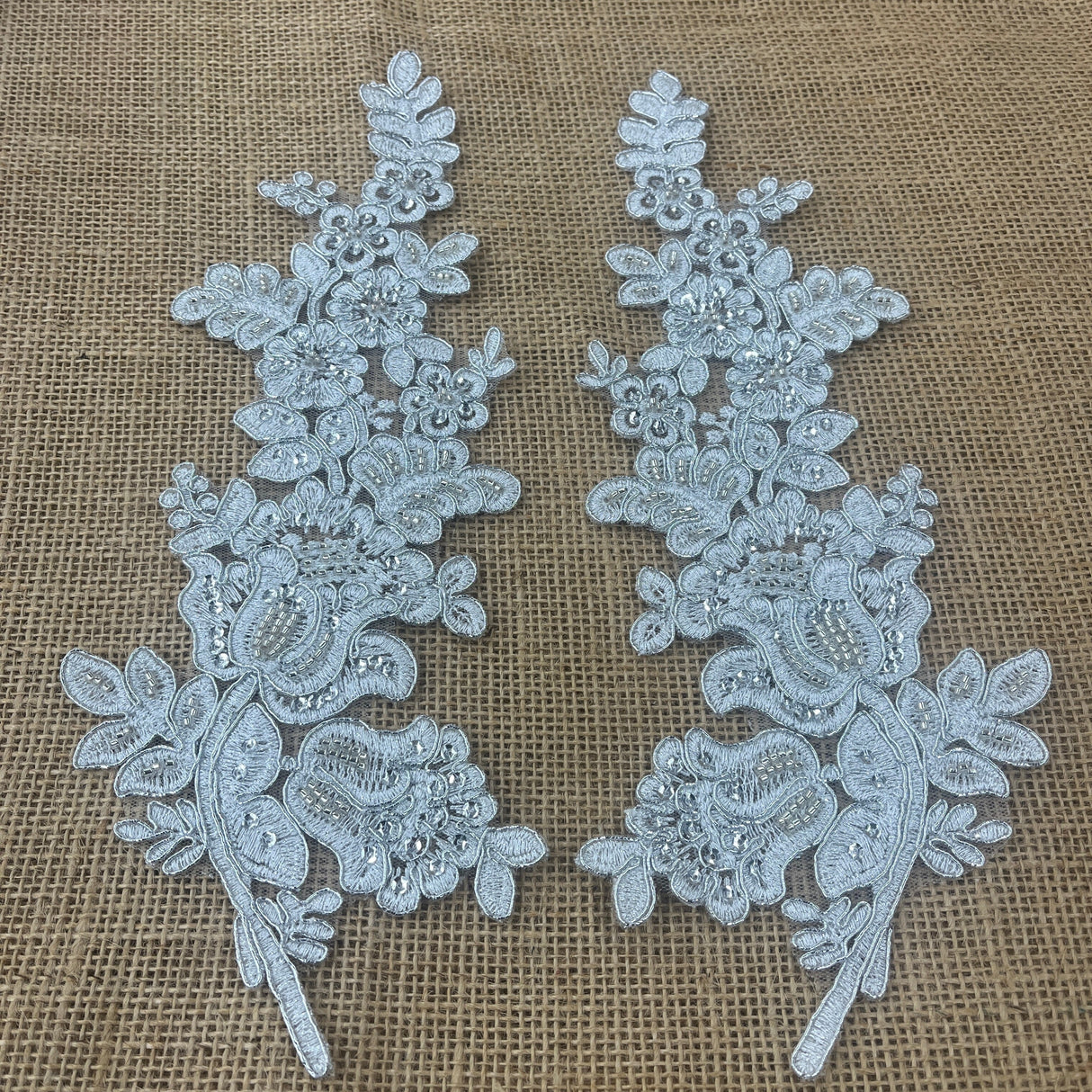 Beaded Corded Floral Lace Applique 100 Percent Polyester Fabric - Embroidered Net Mesh, 12" X 3.5" Each Side (1 Pair)