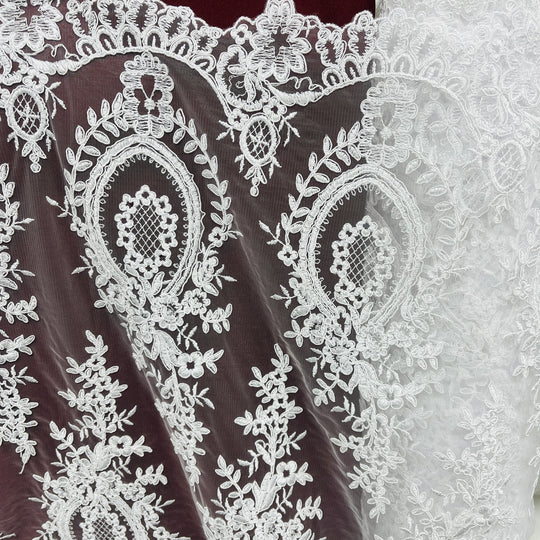 1 Yard Elegant Corded Bridal Lace Fabric Embroidered on Polyester Net Mesh