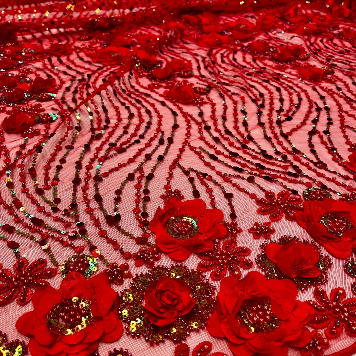 Beaded And Sequined 3D Floral Sparkling Lace Fabric - 100 Percent Polyester Net Mesh, Floral Embroidered, 52" Width (1 Yard)