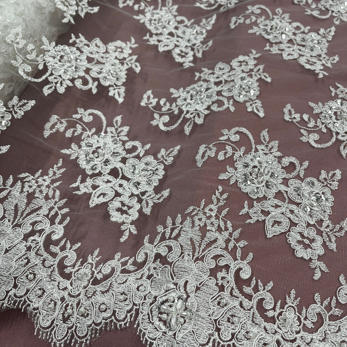 Beaded Lace Fabric on Polyester Net Mesh