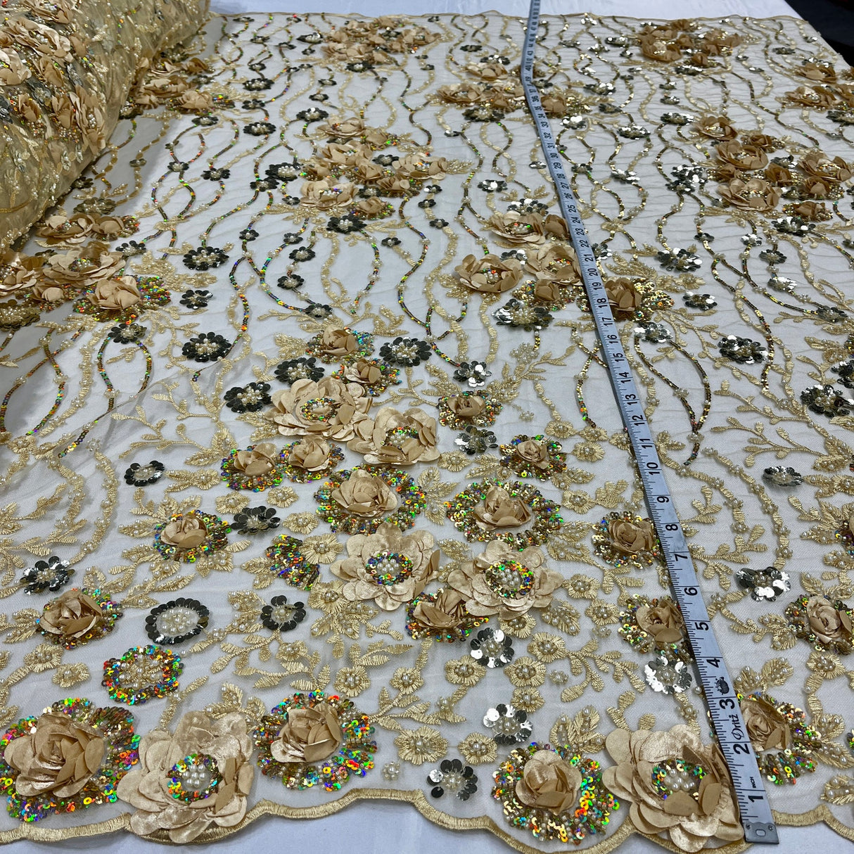 1 Yard Dazzling Yellow Beaded Sequined 3D Floral Lace Fabric on Net Mesh 52 inch Width