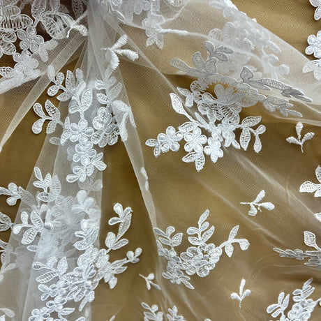 1 Yard Corded Bridal Lace Fabric Embroidered on Polyester Net Mesh 53 inch Width