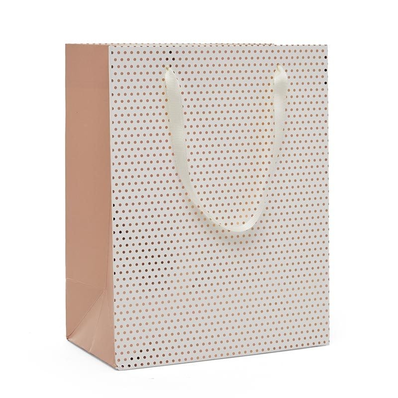 Metallic Dots Euro Totes with Ribbon Handles 7''x 3 7/8 ''x 9''  White / Rose Gold - 12 each / package