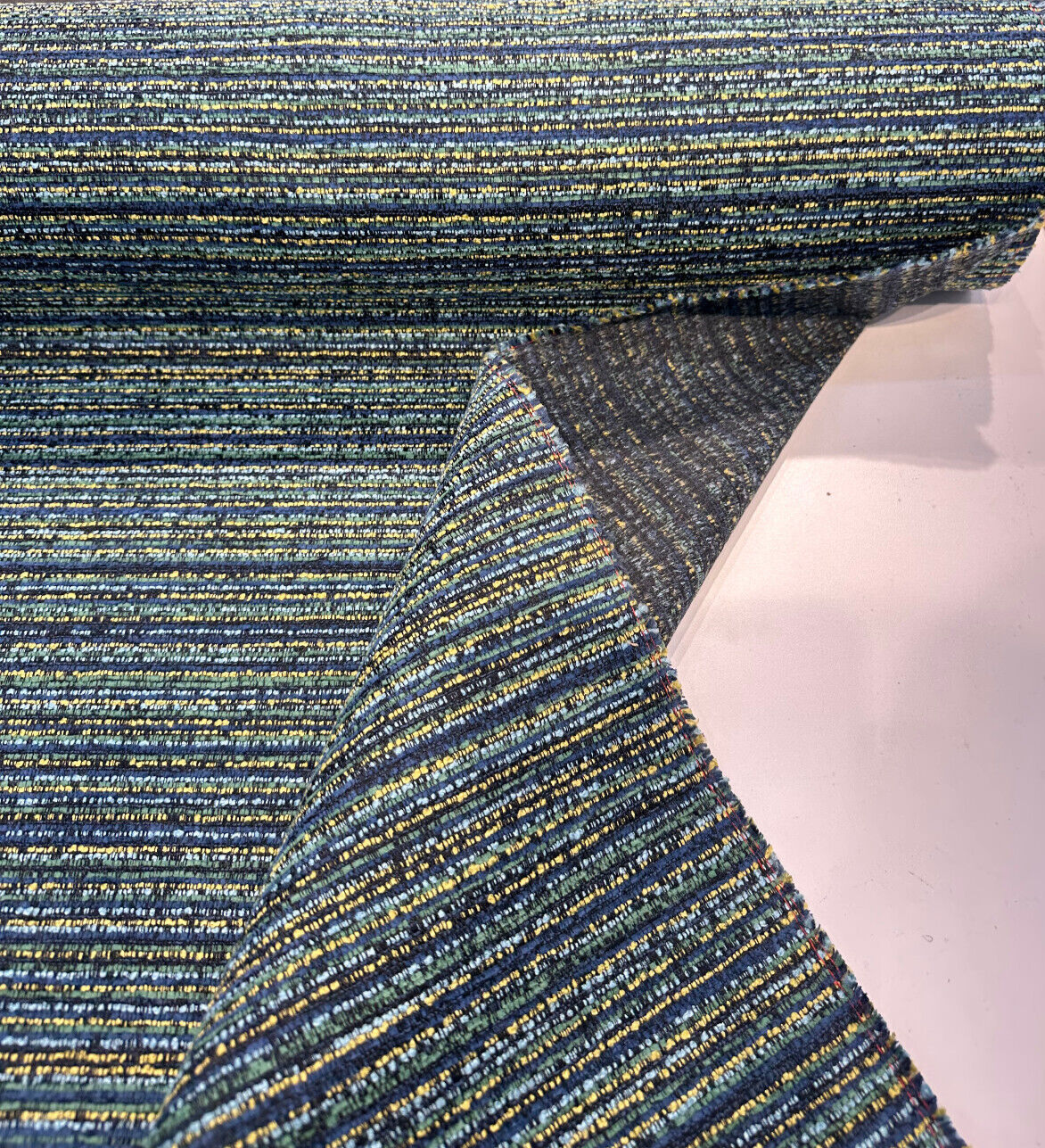 Hollywood Stripe Chenille Fabric - Aquamarine Blue Green Yellow Stripe, 56" Width (1 Yard)