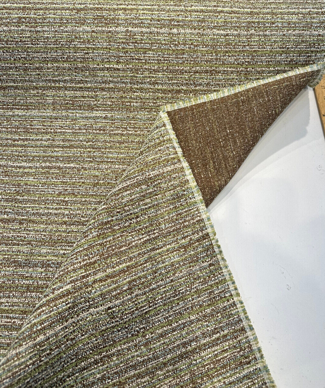 Hollywood Stripe Tadpole Chenille Fabric - Green, Light Blue, Brown, Beige Stripe, 56" Width (By The Yard)