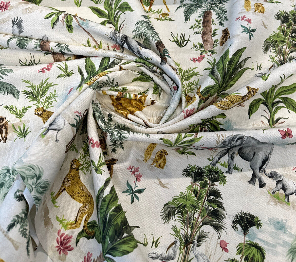 Victoria Exotic Animals Cotton Fabric - Monkey Elephant Animal Print, 54" Width, 35.5" Horizontal Repeat, 17.5" Vertical Repeat (1 Yard)
