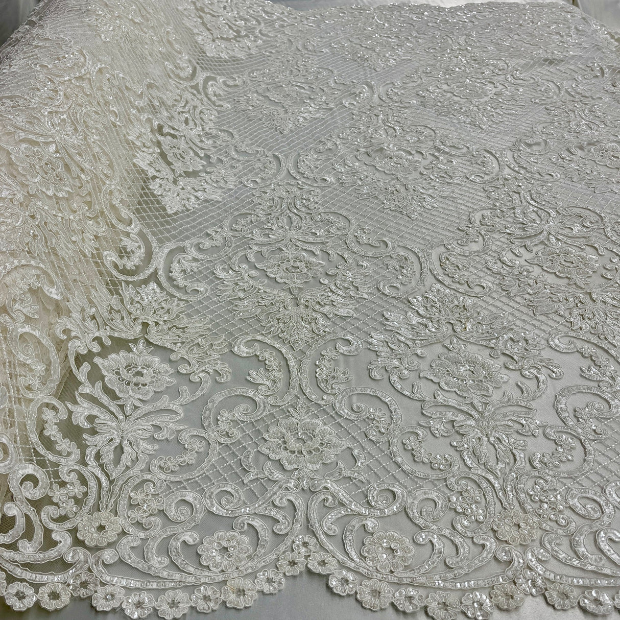 1 Yard Couture Beaded & Corded Bridal Lace with Sequins & Pearls Embroidered on Polyester Net Mesh, 54” Wide