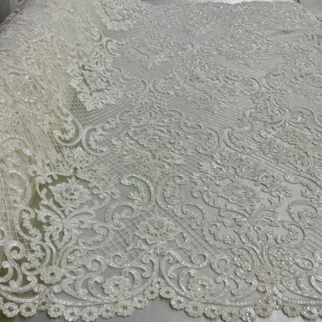 1 Yard Couture Beaded & Corded Bridal Lace with Sequins & Pearls Embroidered on Polyester Net Mesh, 54” Wide