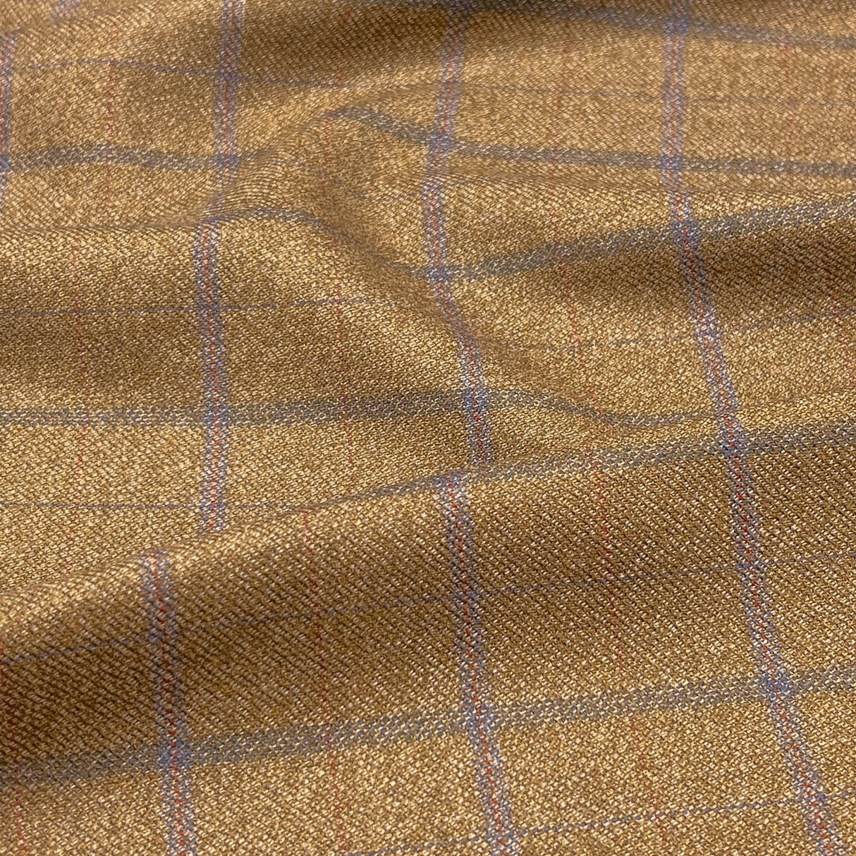 Gold/Blue Windowpane 100 Percent Wool Fabric - Gold/Blue Windowpane, 60" Width