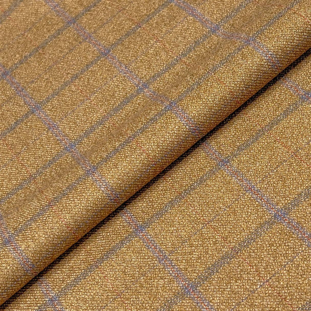 Gold/Blue Windowpane 100 Percent Wool Fabric - Gold/Blue Windowpane, 60" Width