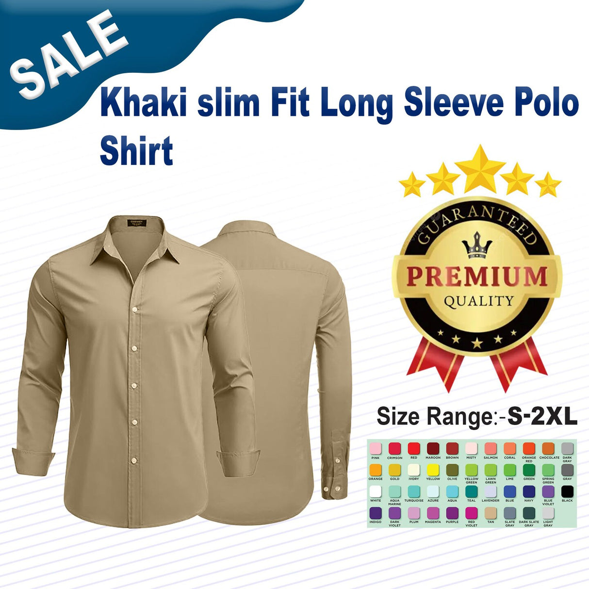 খাকি স্লিম ফিট লম্বা হাতা পোলো শার্ট