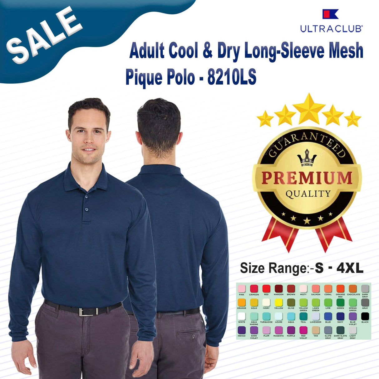UltraClub® Adult Cool & Dry Long-Sleeve Mesh Pique Polo