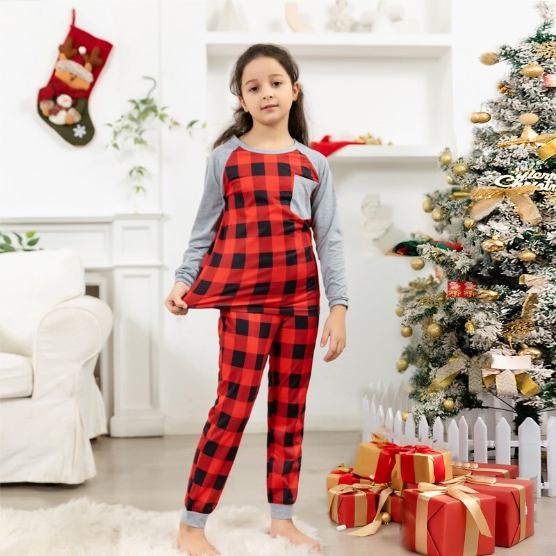 Christmas Outfits Raglan Sleeves Plaid Nightwear Sets