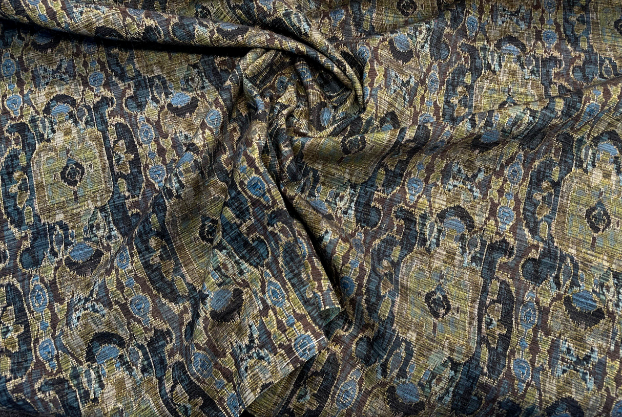 Hindley Maja Aqua Mill Creek Latex Backed Chenille Fabric - Aqua, Taupe, Gold, Beige, 56" Width (1 Yard)