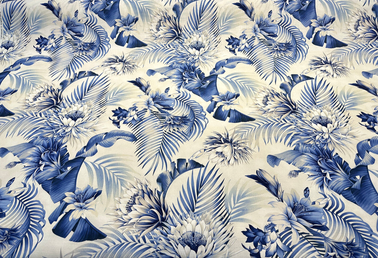 Harbor Island Cotton Fabric - Blue Azure Floral Botanical Tropical Leaves, 54" Width (By The Yard)
