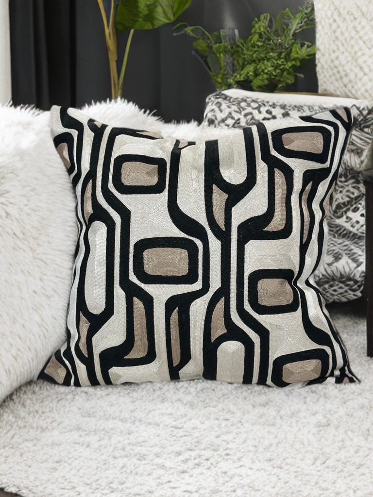 Makymo Black Velvet Pillow Fabric - Geometric Abstract Embroidery, Ivory, Bronze & Black, 20" X 20" (1 Piece)